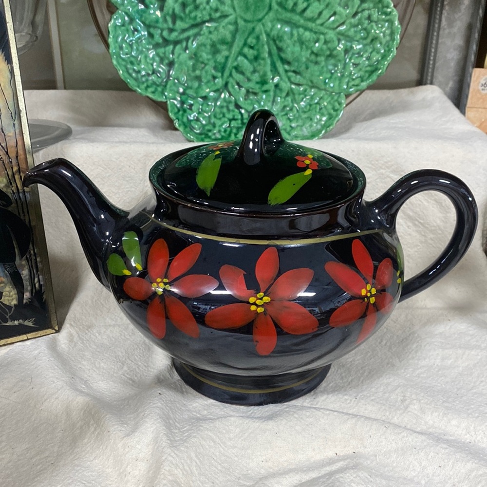 Vintage Royal Canadian art pottery teapot 1960s hand painted red flowers